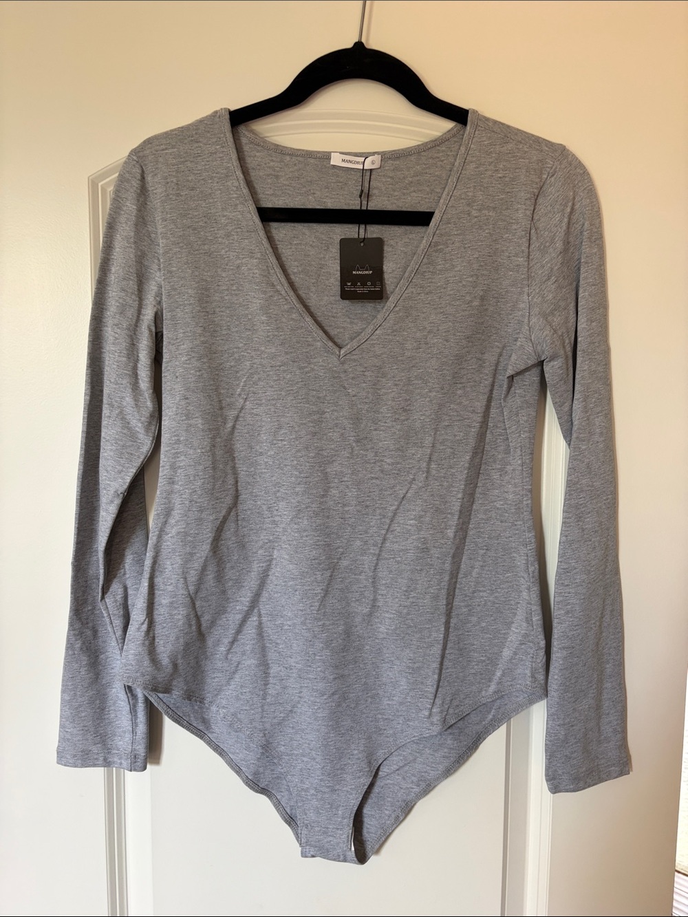 Gray V-Neck Long Sleeve Bodysuit